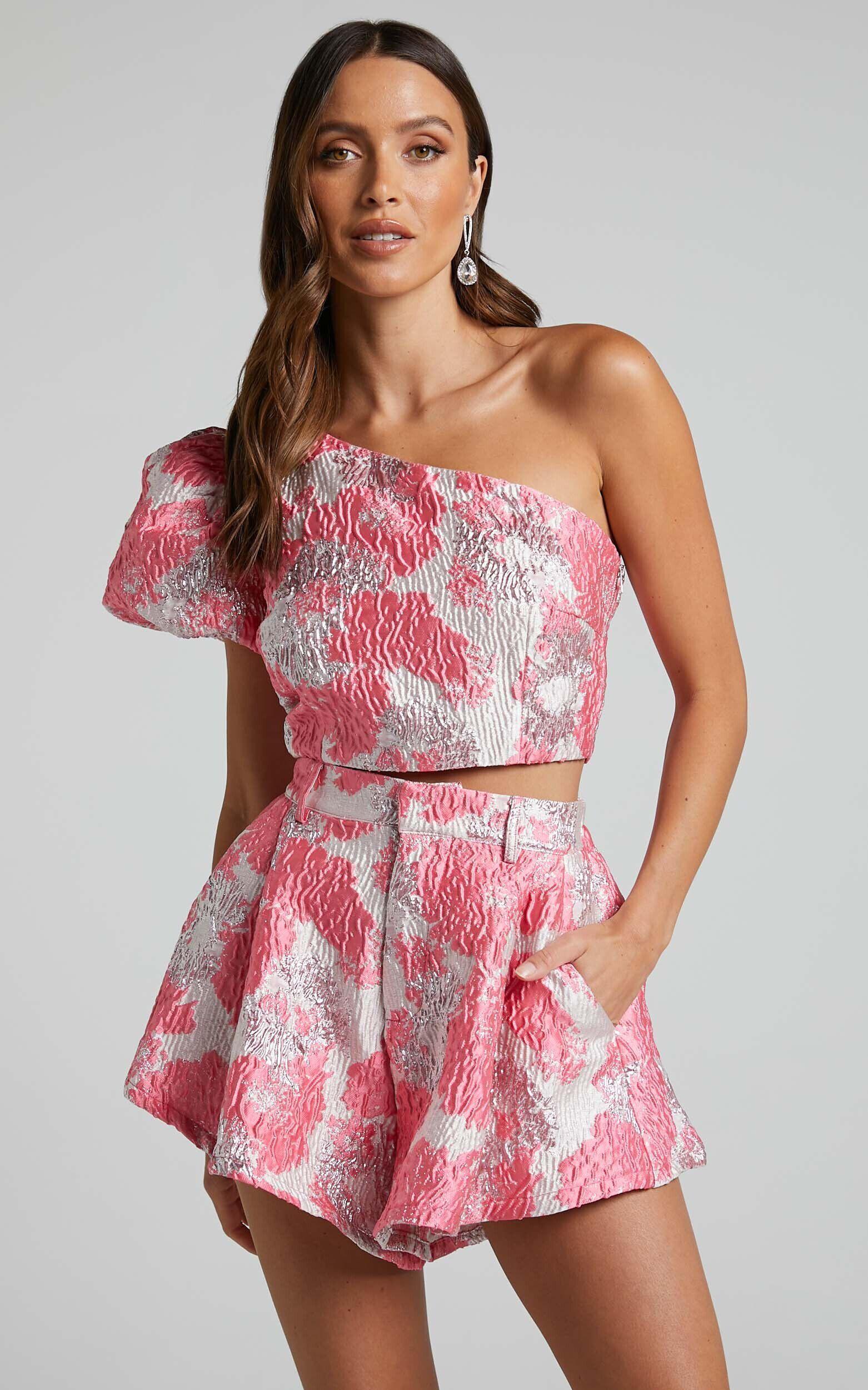 Brailey Two Piece Set - One Shoulder Puff Sleeve Top and Shorts Set in Light Pink Jacquard Product Image