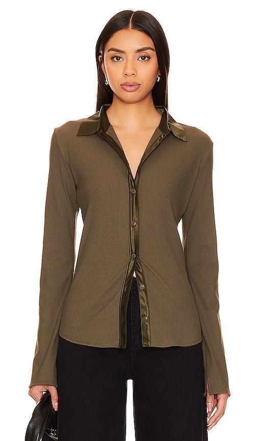 Womens Olive Rib-Knit Cotton-Blend Long-Sleeve Shirt Product Image