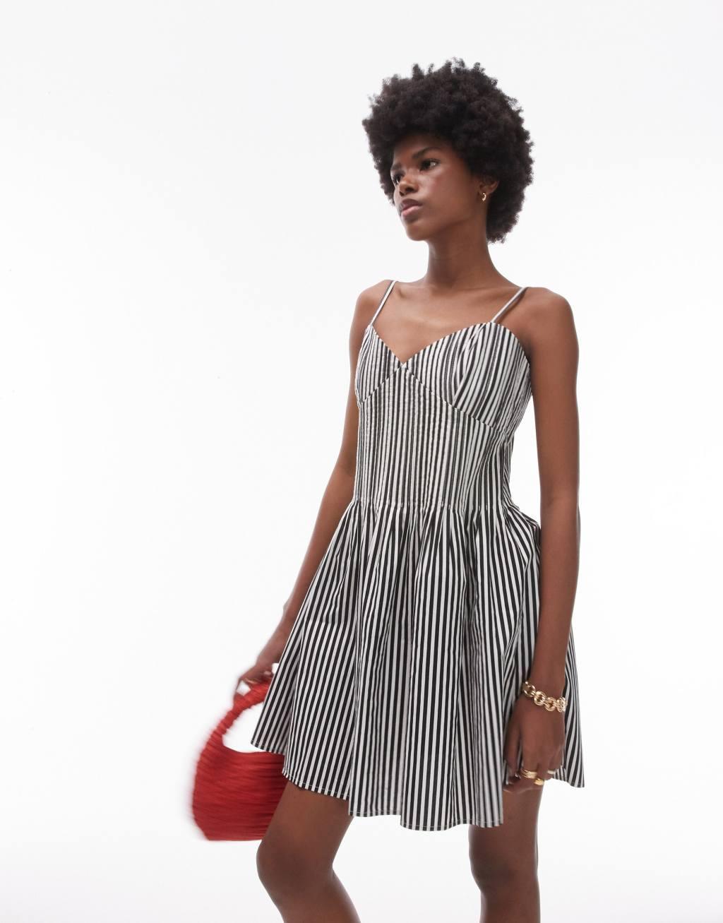 Topshop strappy pleated mini sundress in black and white stripe Product Image