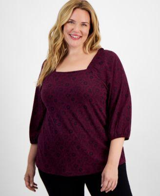 Plus Size Millies Square-Neck 3/4-Sleeve Top, Created for Macy's  Product Image