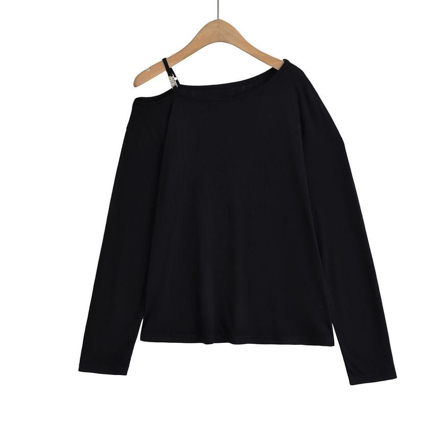 Long Sleeve Cold-Shoulder Plain Loose-Fit Pullover Product Image