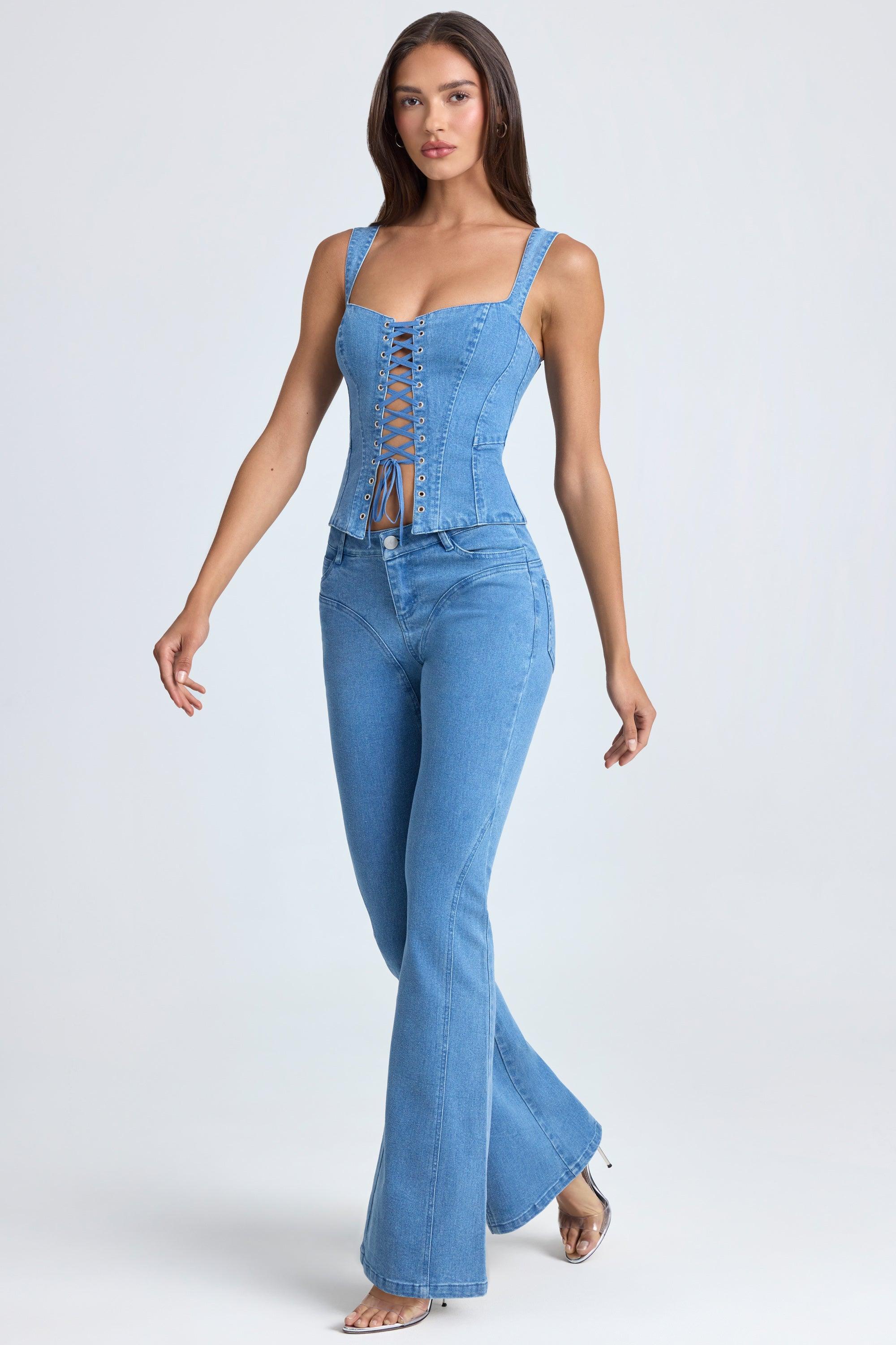 Mid-Rise Flared Jeans in Mid Blue Stonewash Product Image