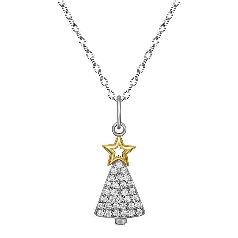 PRIMROSE Two Tone Sterling Silver Cubic Zirconia Christmas Tree Pendant Necklace, Womens Sterling Yellow Gold Product Image