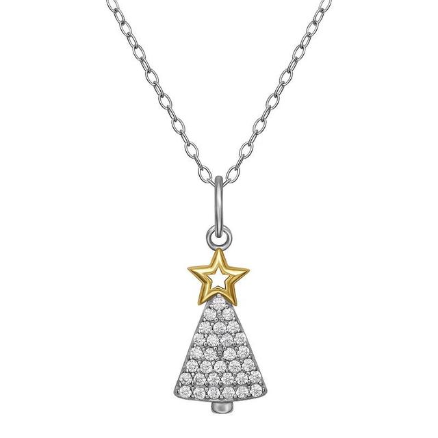 PRIMROSE Two Tone Sterling Silver Cubic Zirconia Christmas Tree Pendant Necklace, Womens Grey Product Image