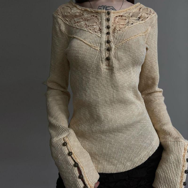 Long Sleeve V-Neck Lace Panel Ribbed-Knit Slim-Fit Top Product Image