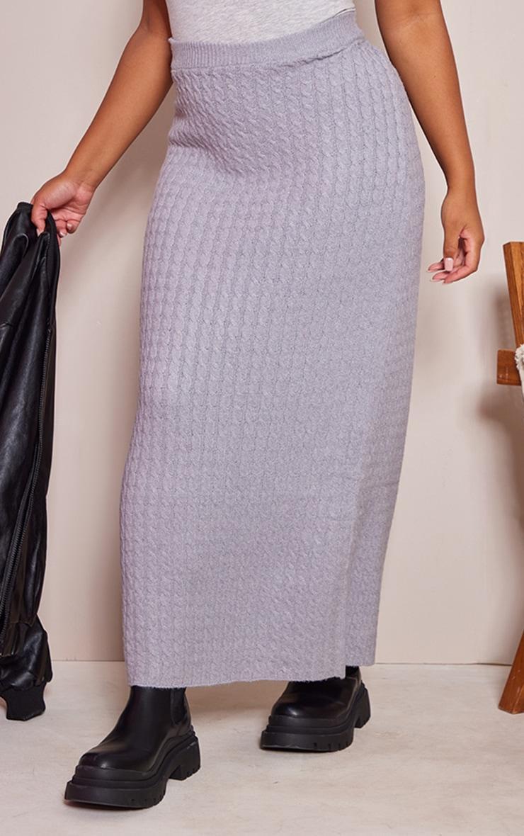 Plus Grey Cable Soft Knit Midi Skirt Product Image