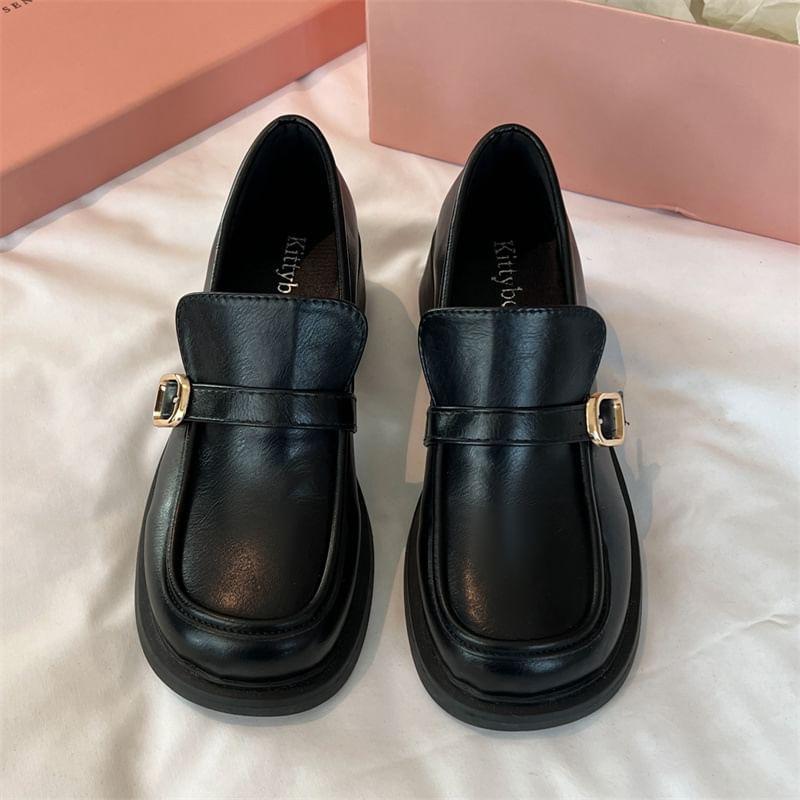 Chunky Heel Plain Buckled Faux Leather Loafers Product Image