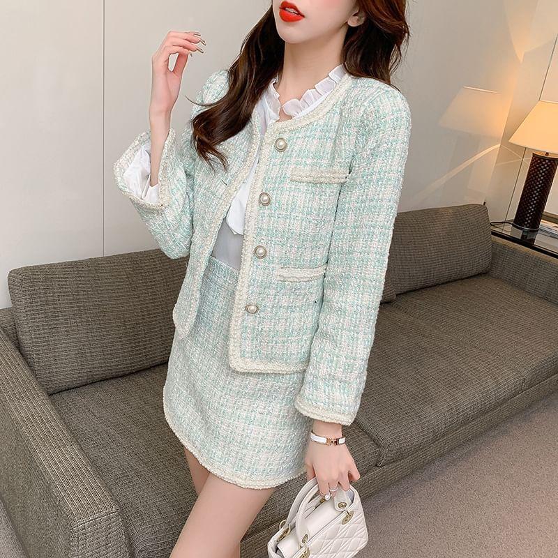 Faux Pearl Button-Up Tweed Jacket / High Rise Mini A-Line Skirt / Puff-Sleeve Ruffle Tie-Neck Plain Blouse / Set Product Image