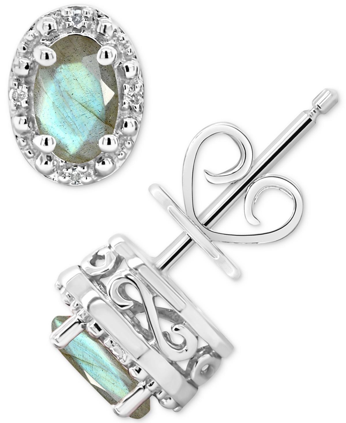 Onyx & Diamond Accent Oval Stud Earrings in Sterling Silver (Also in Labradorite & Turquoise) Product Image