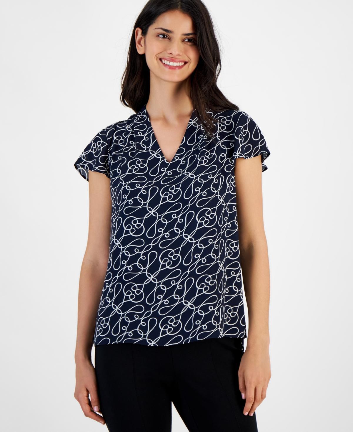 T Tahari Womens Split-Neck Flutter-Sleeve Printed Top Product Image