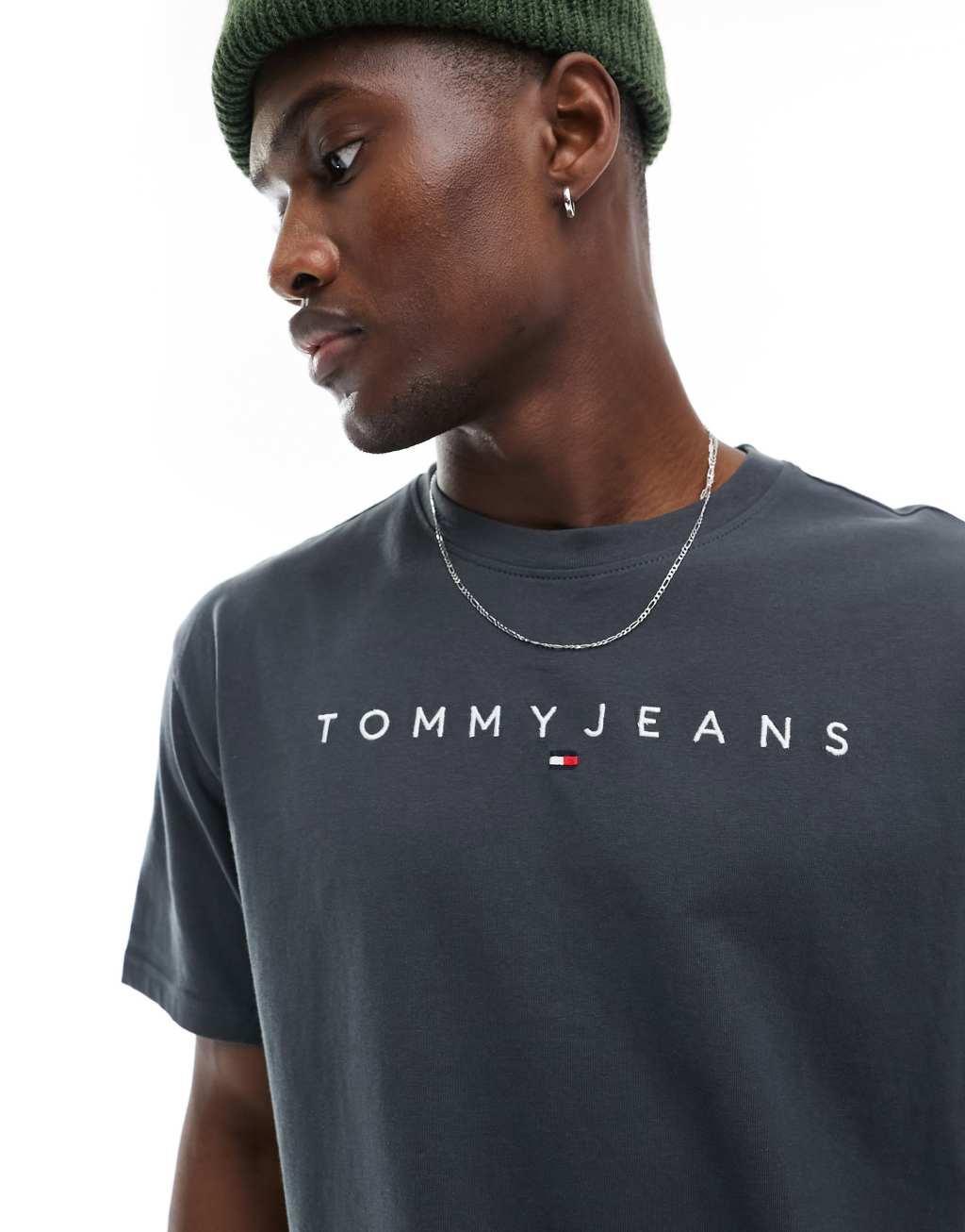 Tommy Jeans regular linear logo T-shirt in charcoal Product Image