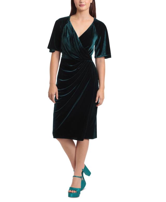 Maggy London Stretch Velvet Surplice V-Neck Short Sleeve Faux Wrap Midi Dress Product Image