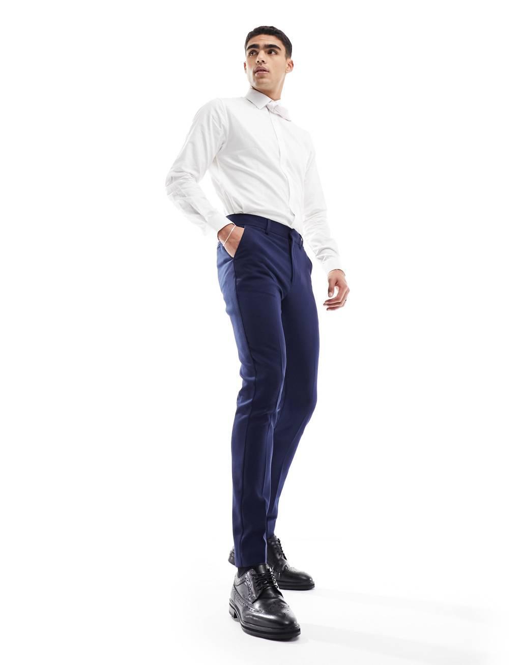 ASOS DESIGN wedding skinny suit pants in navy microtexture Product Image