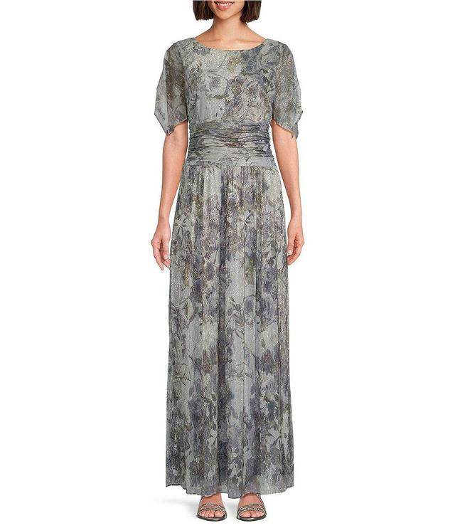 Ignite Evenings Petite Size Metallic Short Sleeve Scoop Neck V-Back Printed Ruched Waist A-Line Maxi Dress Product Image