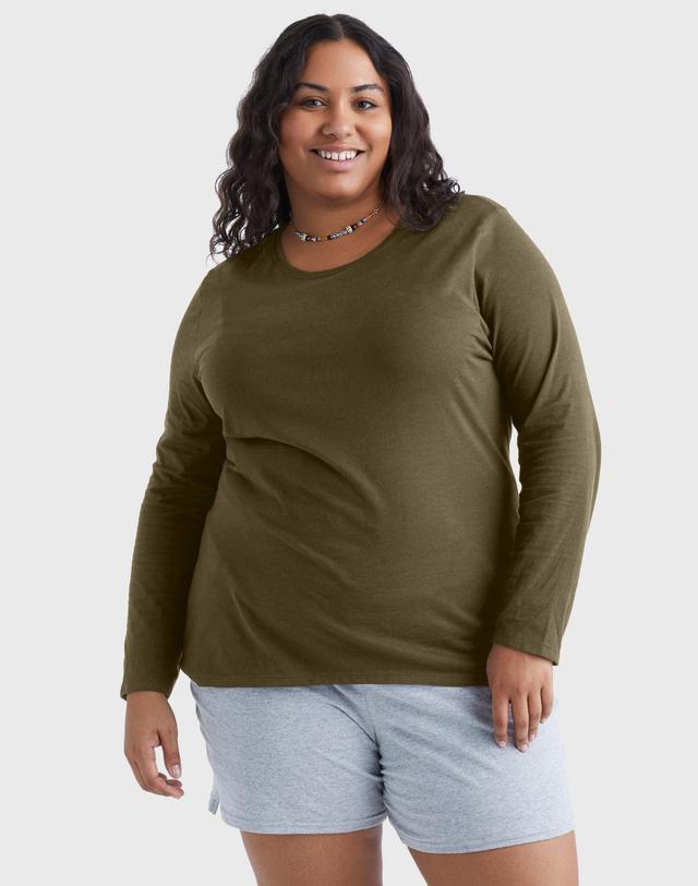 Hanes Womens Long Sleeve Scoop Neck Cotton T-Shirt (Plus Size) Violet Splendor 2X Product Image