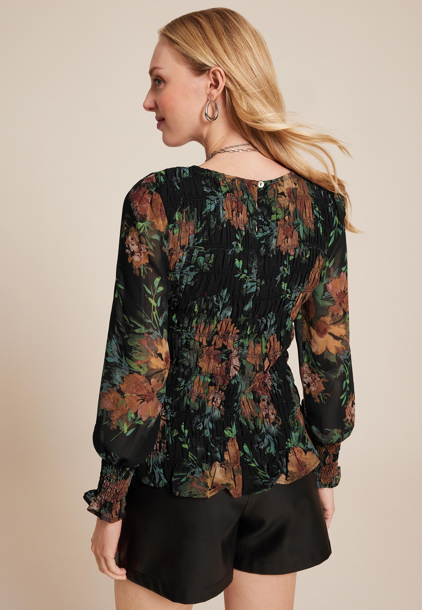 Black Floral Smocked Blouse Product Image