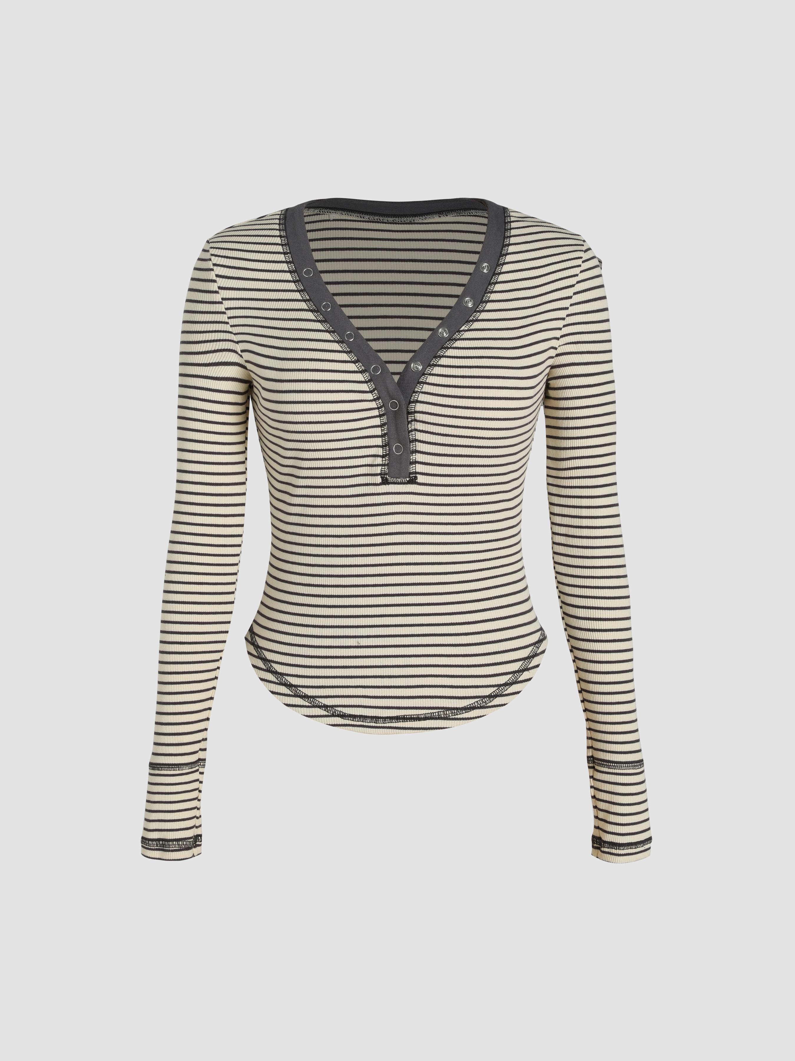 Striped V-neck Long Sleeve Top Product Image