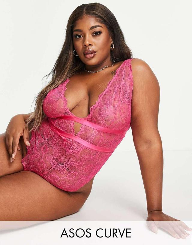 ASOS DESIGN Curve Rosie lace soft bodysuit in hot pink Product Image