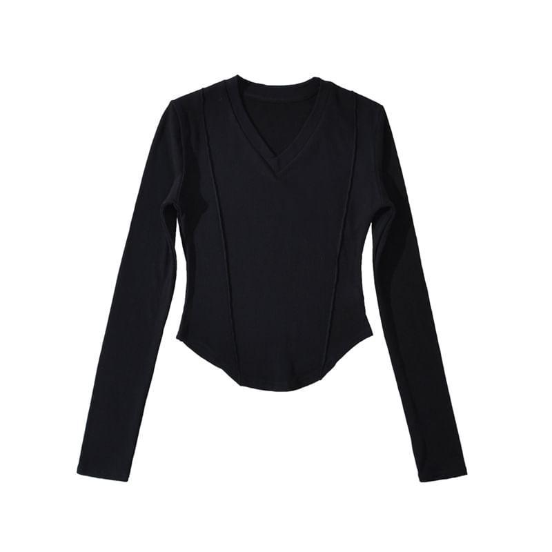 Long Sleeve V Neck Plain Cropped Tee Product Image