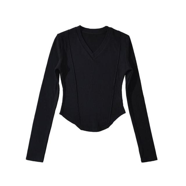 Long Sleeve V Neck Plain Cropped Tee Product Image