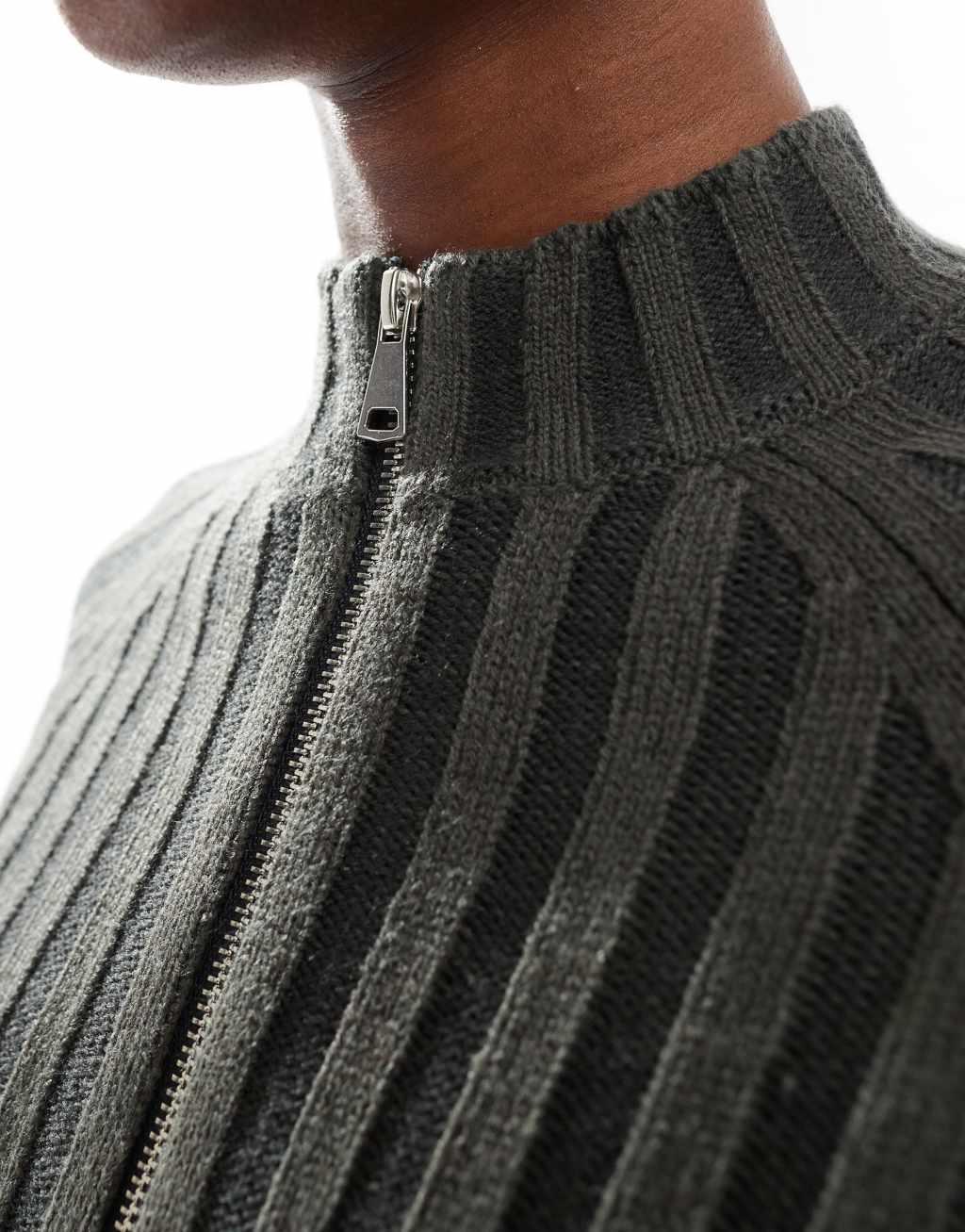 Reclaimed Vintage rib knit zip cardigan in charcoal Product Image