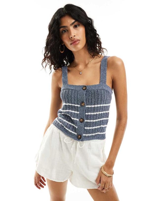 ASOS DESIGN knitted cami top with button through in blue stripe Product Image