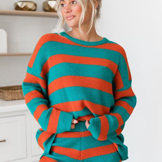 Sign Of The Times Teal And Rust Striped Sweater Set Product Image