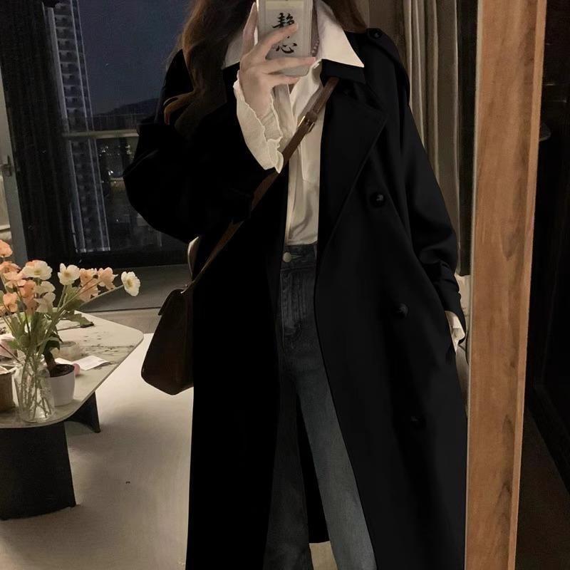 Collared Plain Midi Double Breasted Trench Coat Product Image