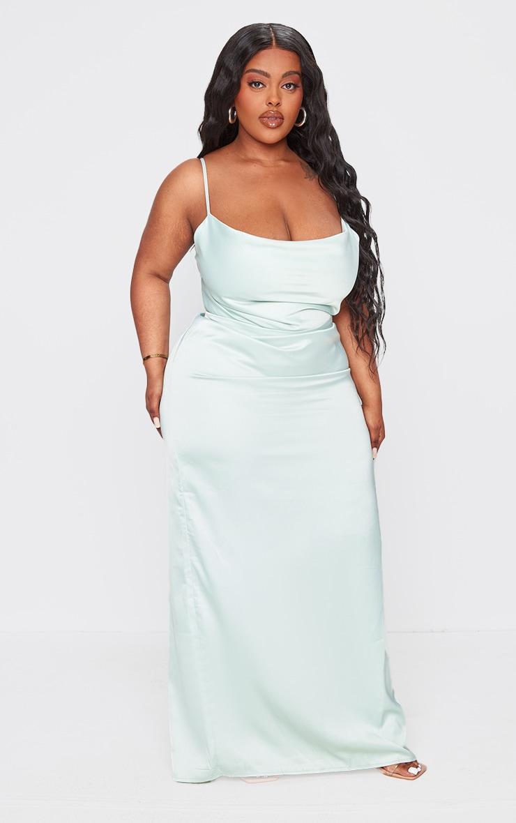 Plus Sage Green Satin Cowl Neck Midi Dress Product Image