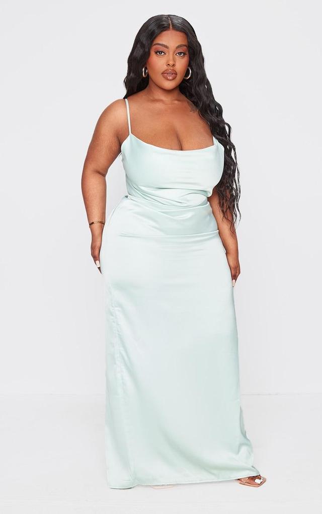 Plus Sage Green Satin Cowl Neck Midi Dress Product Image