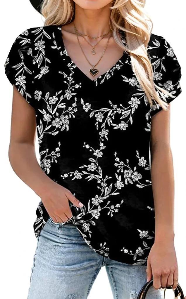 Olivia Mark –  Chic V-Neck Petal Short-Sleeve Casual T-Shirt – Fashionable Loose-Fit Top Product Image