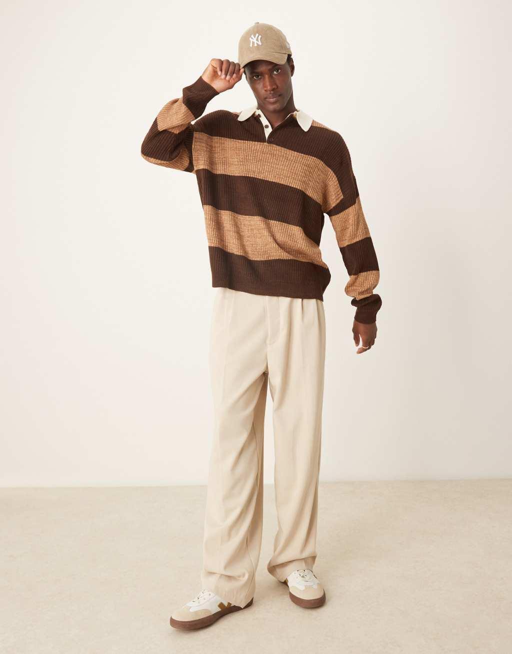 ASOS DESIGN relaxed knit rugby polo shirt in heathered brown stripe Product Image