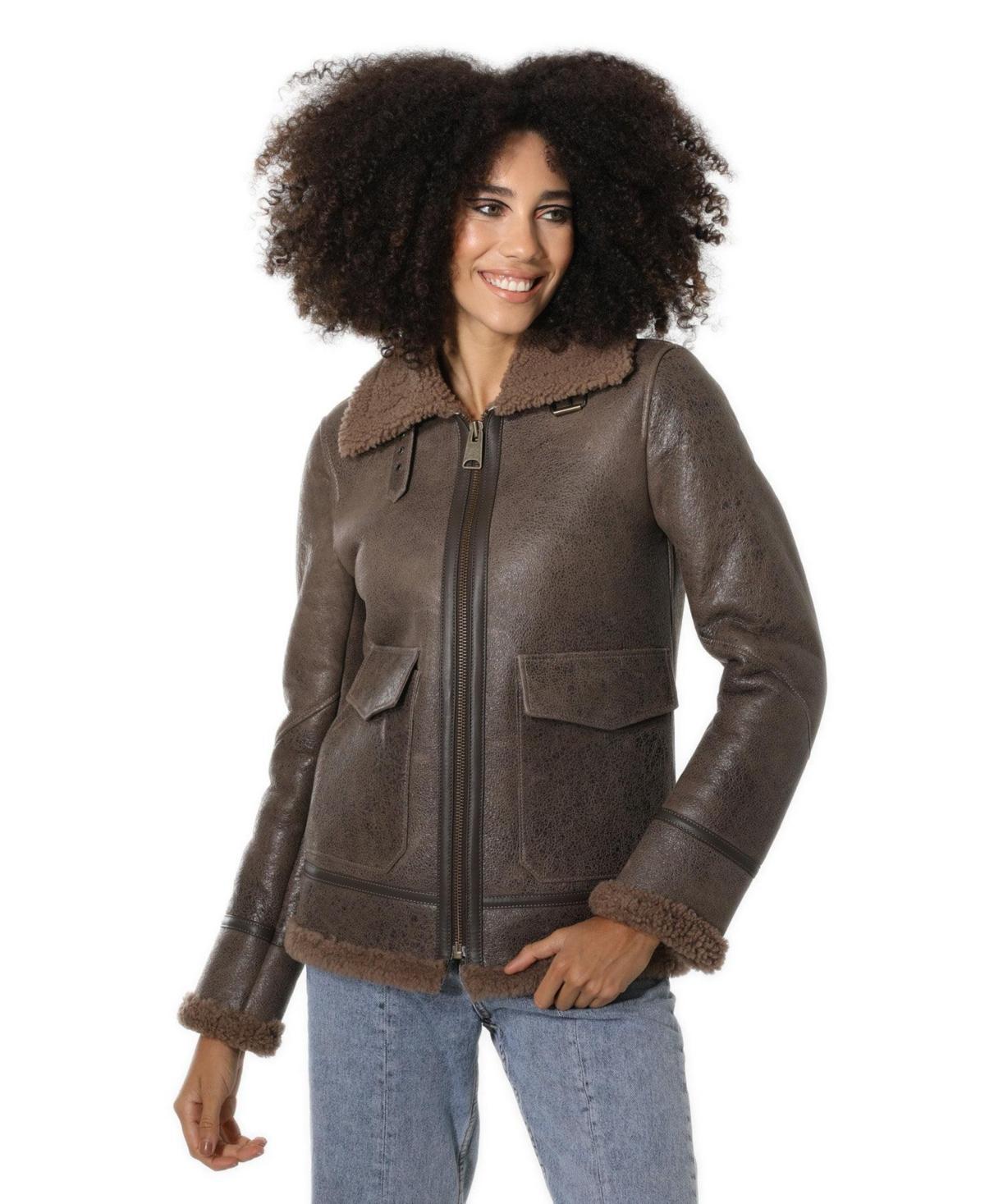 Furniq Uk Womens Vintage-like Look Sheepskin Bomber Jacket, Vintage- like Cashmere Curly Wool Product Image