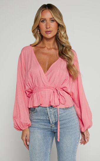 Selena Top - Linen Look V Neck Wrap Long Blouson Sleeve in Peach Product Image