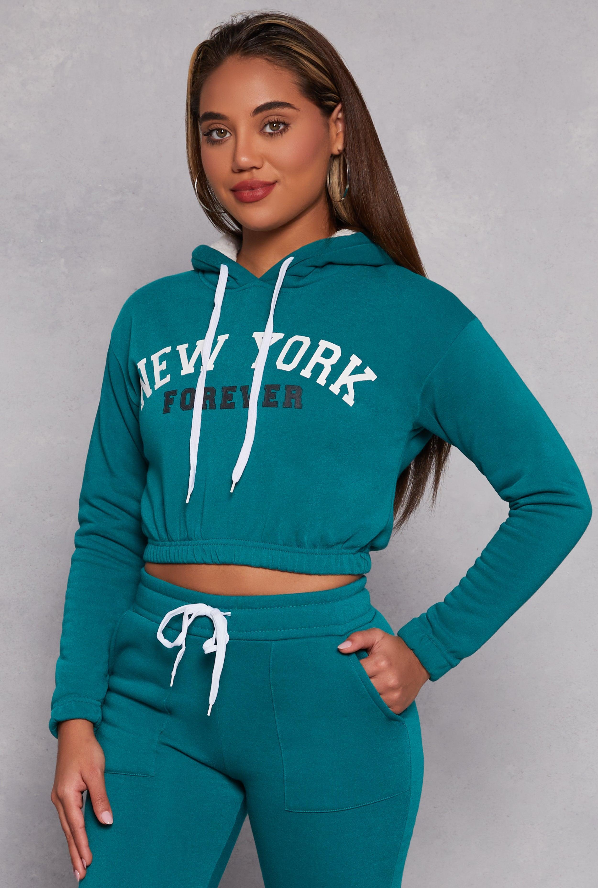 Womens New York Forever Graphic Cropped Hoodie Product Image