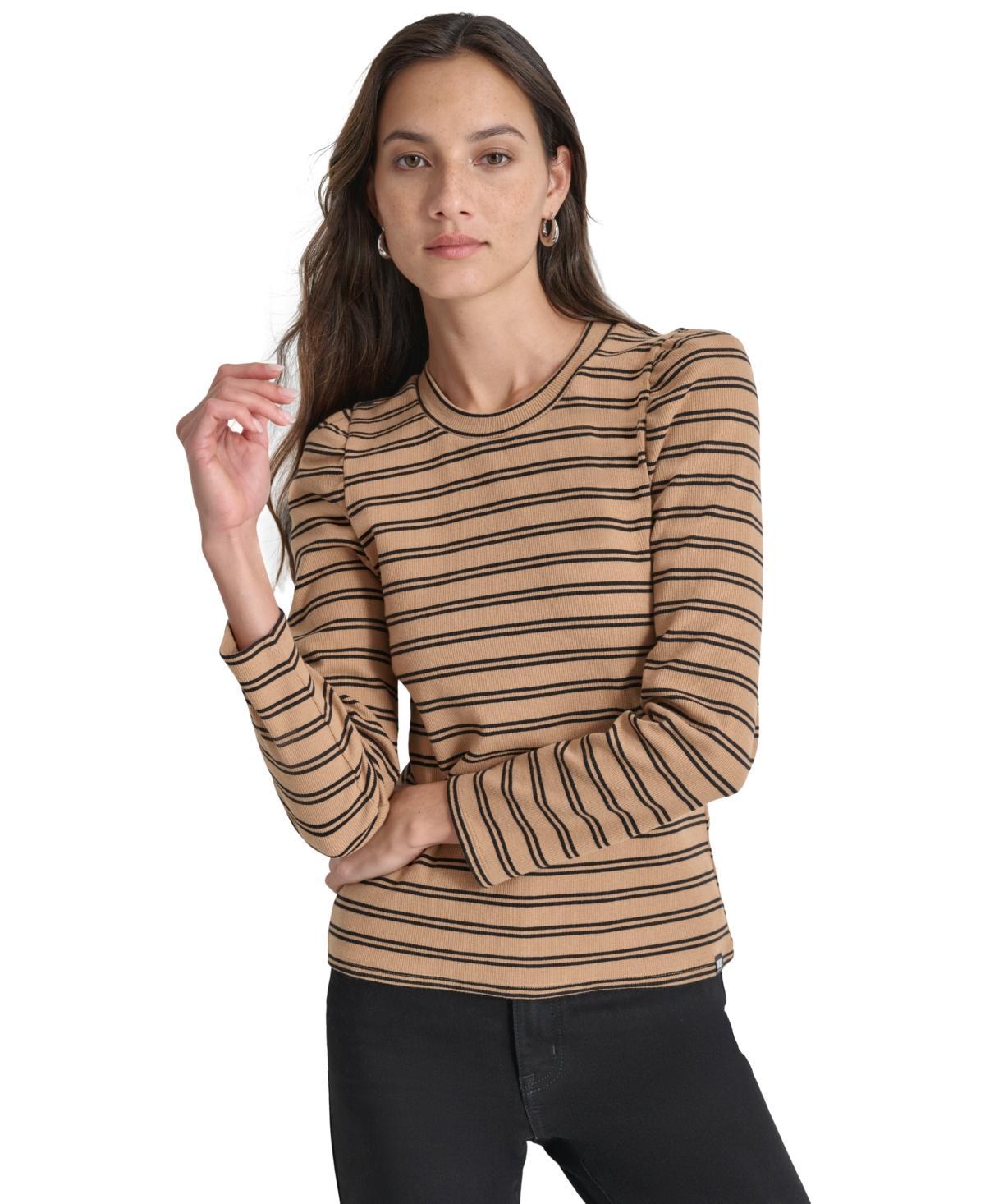 Dkny Jeans Womens Striped Long-Sleeve Crewneck Top - EGGNOG Product Image