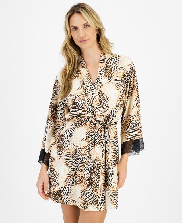 I.n.c. International Concepts Womens Lace-Trim Animal-Print Stretch Satin Robe, Created for Macys Product Image