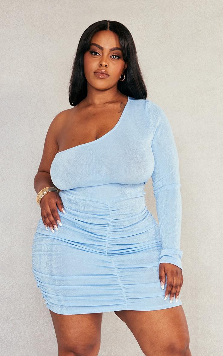 Plus Light Blue Acetate Slinky One Shoulder Bodycon Dress Product Image