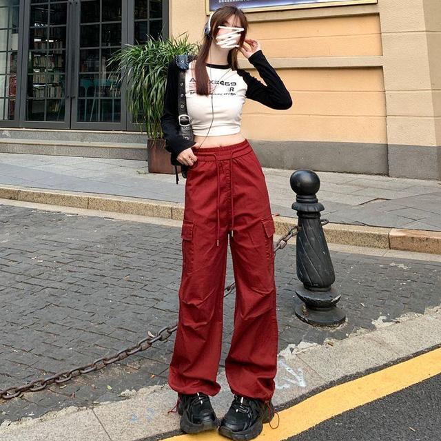 Drawstring Waist Plain Wide Leg Cargo Pants Product Image