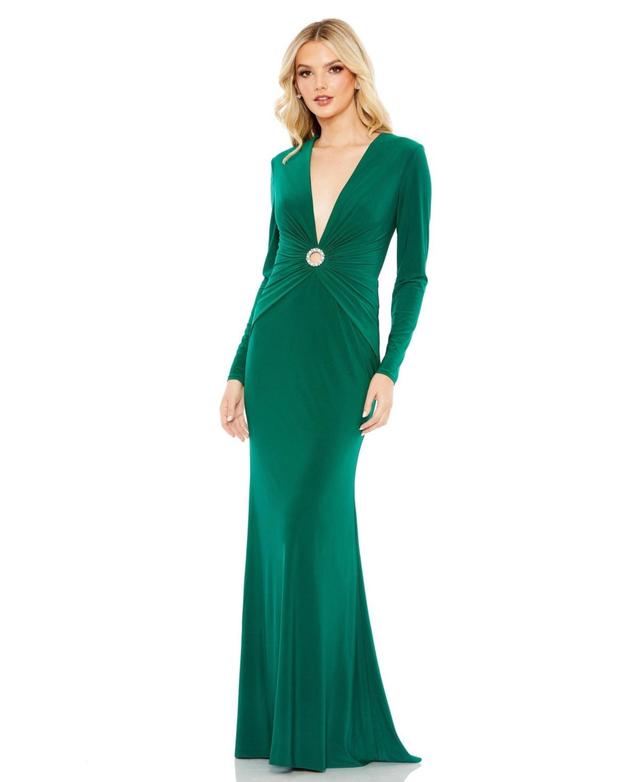 Mac Duggal Deep V-Neck Ruched Jeweled O Ring Long Sleeve Gown Product Image