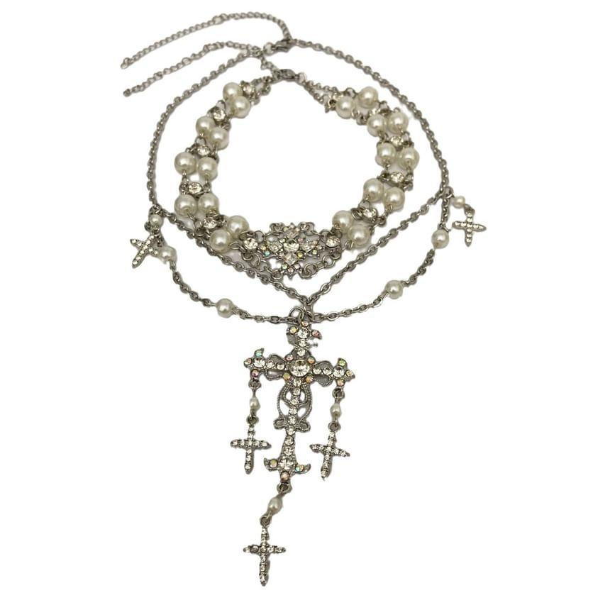 Rhinestone Cross Faux Pearl Layered Necklace Product Image