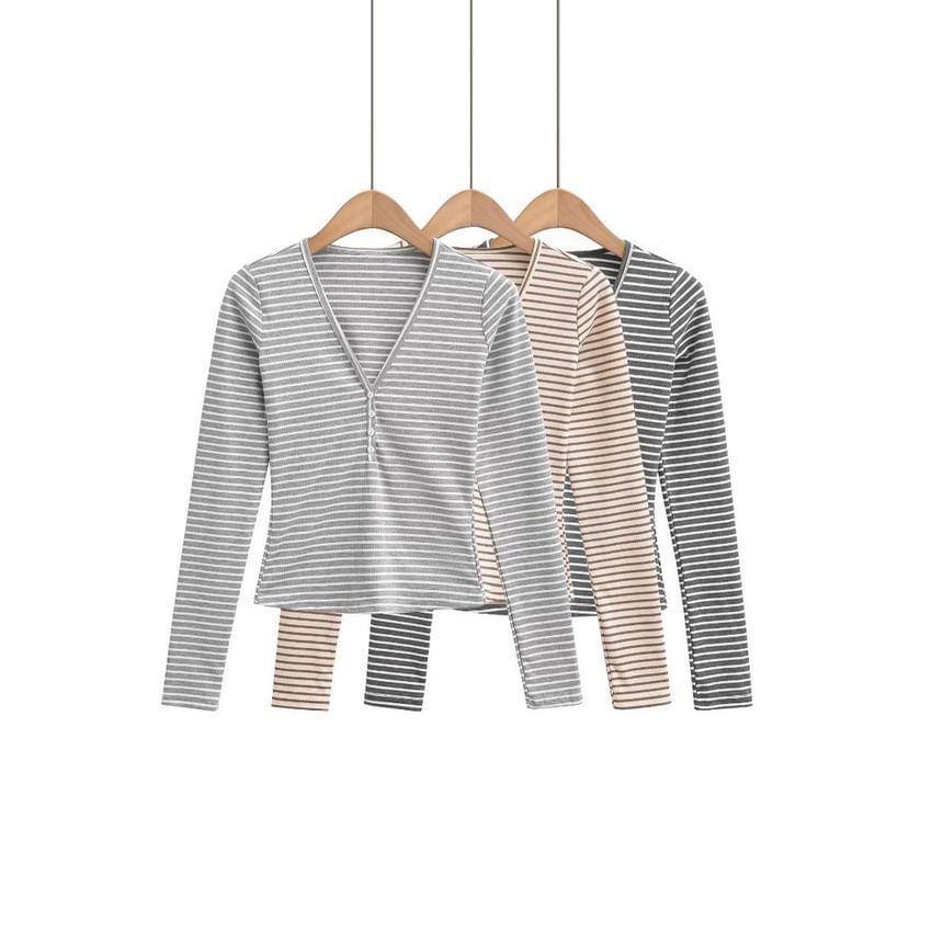 Long-Sleeve V-Neck Striped Tee Product Image