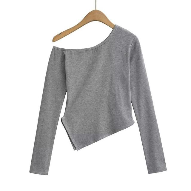 Long Sleeve One Shoulder Plain Asymmetrical Tee Product Image