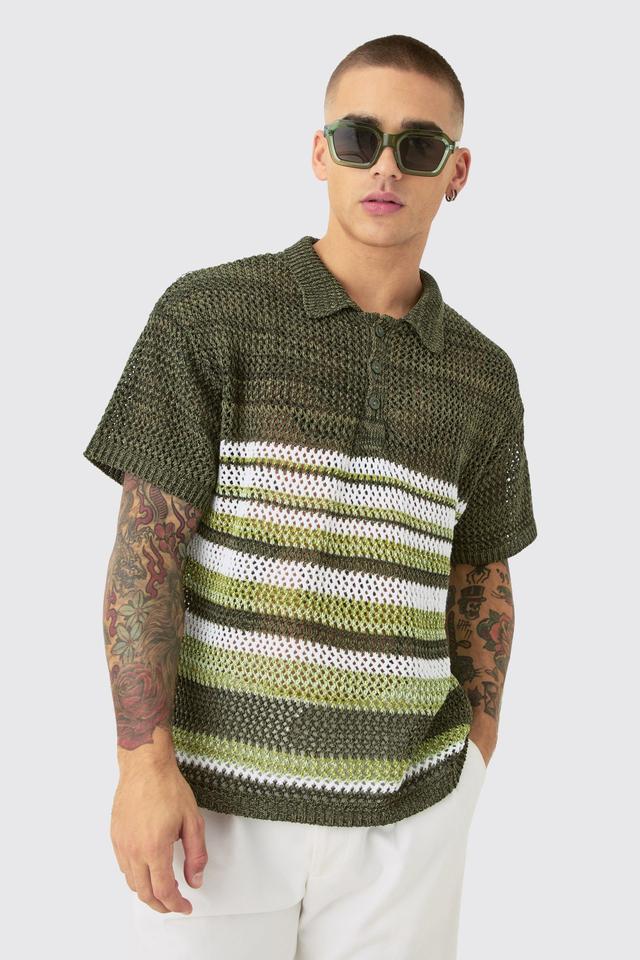 Mens Green Oversized Boxy Stripe Open Stitch Polo, Green Product Image