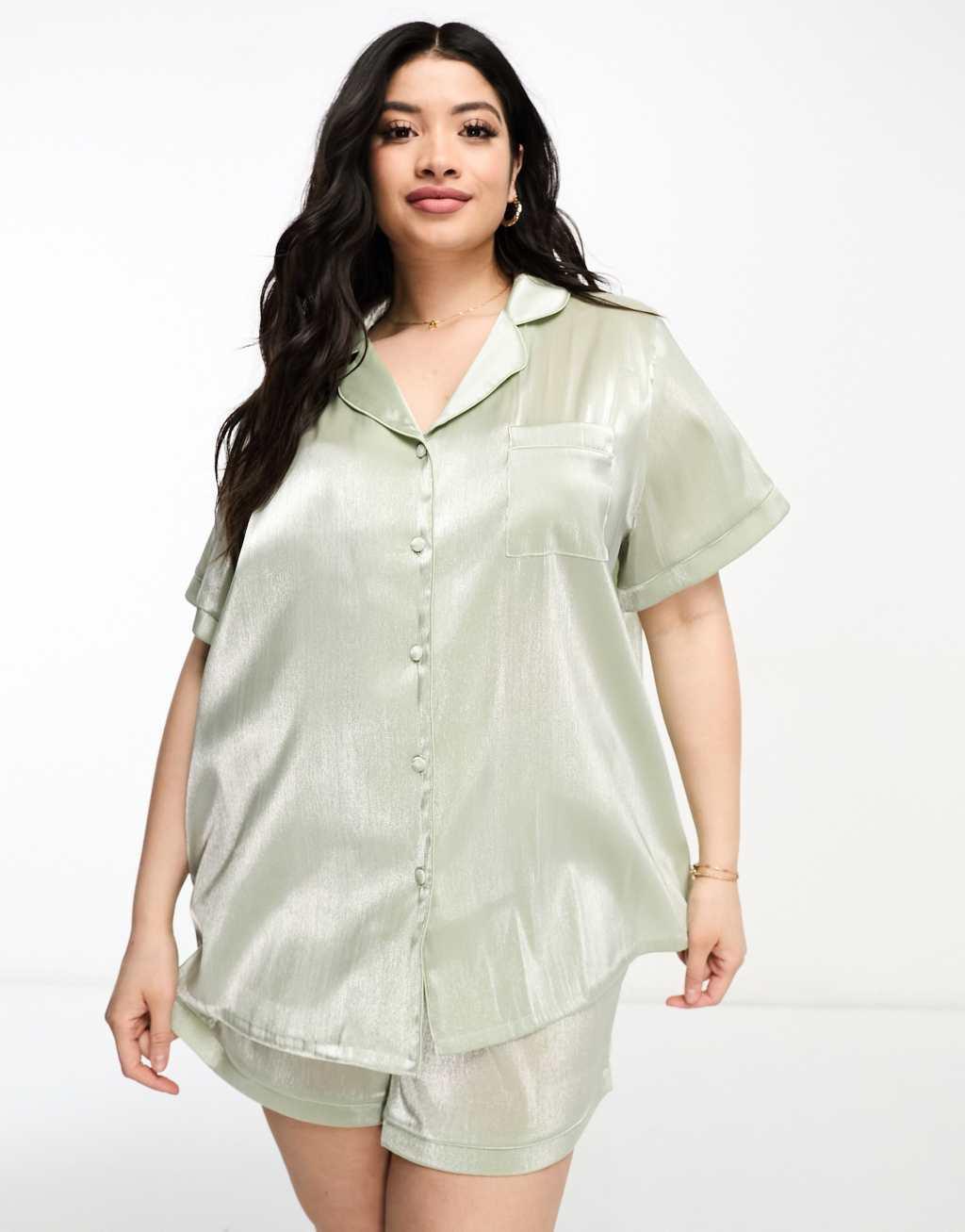 Loungeable Curve bridesmaid taffeta short sleeve revere shirt and short set in sage green Product Image