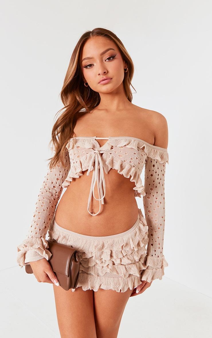 Petite Stone Bardot Crop Top With Ruffle Details Product Image