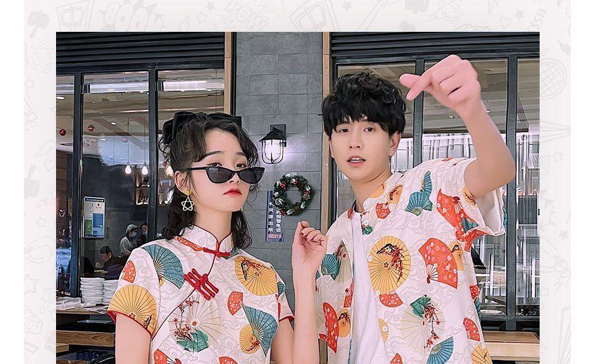 Couple Matching Short-Sleeve Fan Print Mini Qipao / Shirt / Plain Straight Leg Pants / Set Product Image