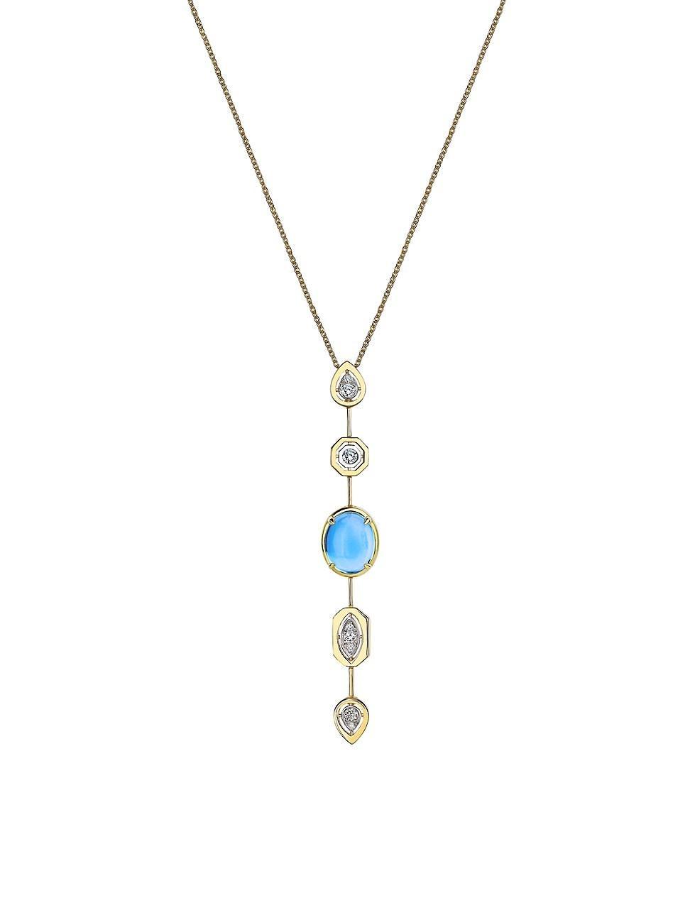 Womens Focus Two-Tone 14K Gold, Blue Topaz & 0.2 TCW Diamond Linear Pendant Necklace Product Image