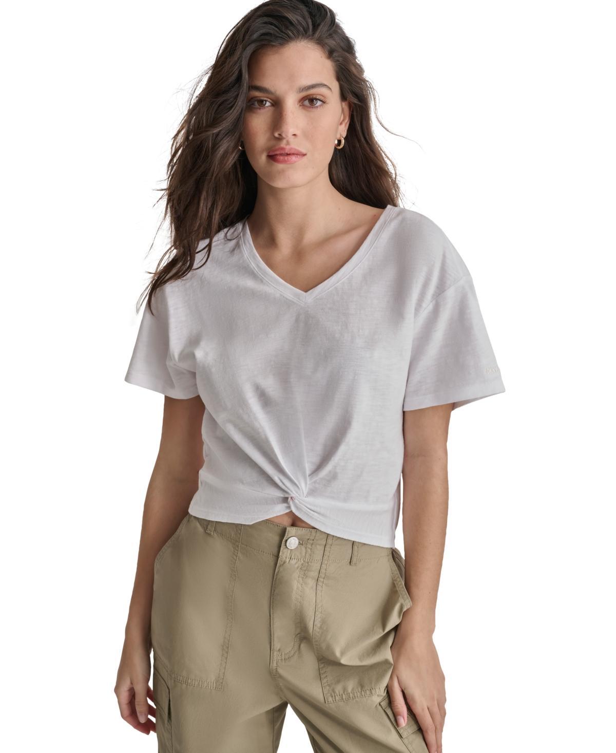 Dkny Womens Cotton Twist-Front V-Neck Short-Sleeve Top Product Image