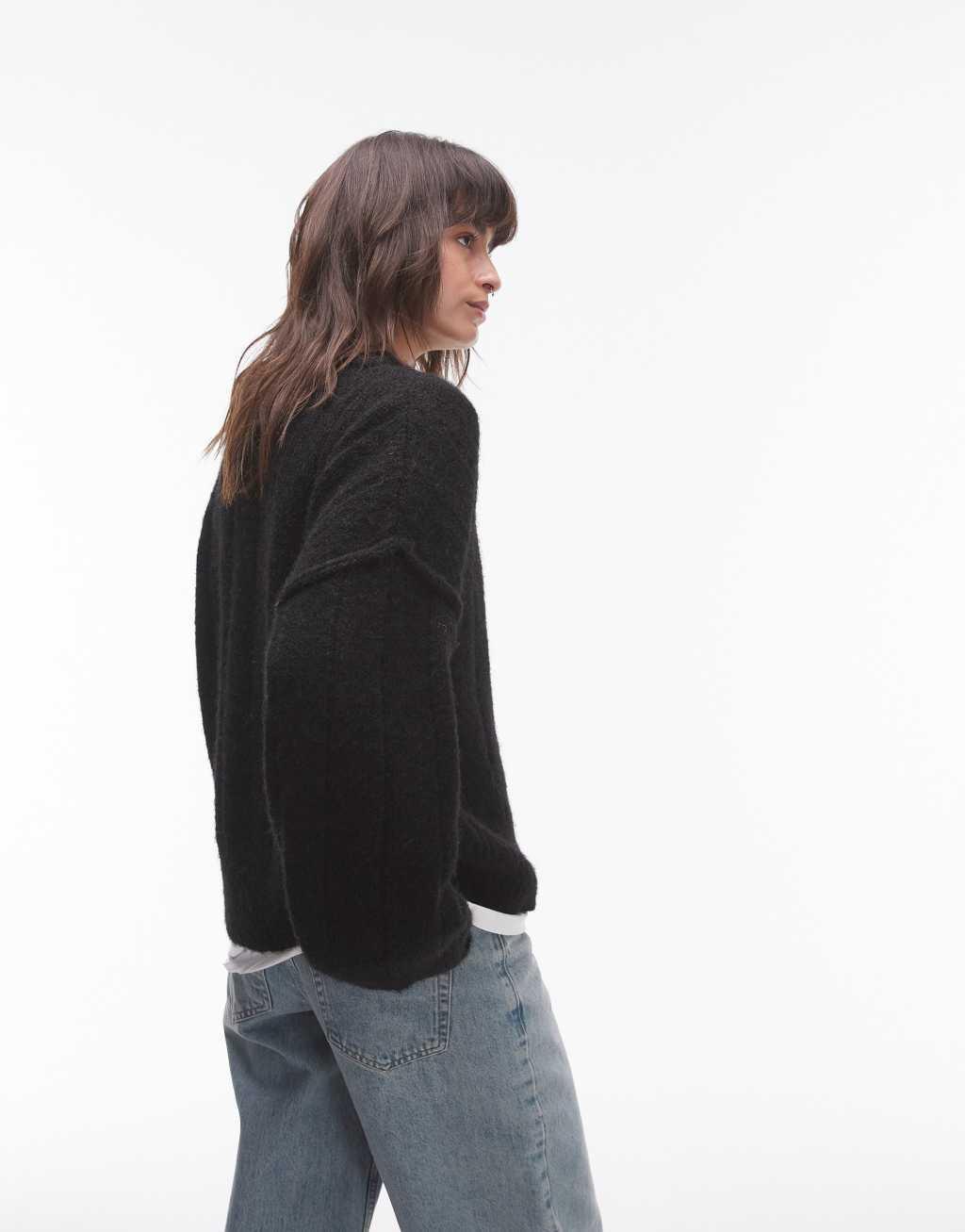 Topshop knit vertical ribbed crew oversized sweater in black Product Image